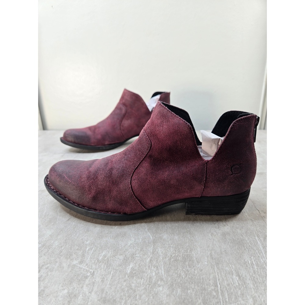 Born Western Ankle Shoe Boots Burgundy Distressed Suede Low Heel Comfort Booties